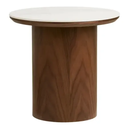 Table d’appoint avec plateau en céramique et placage frêne – Blanc / marron foncé – Ø 40 x 38 cm/ Elsines