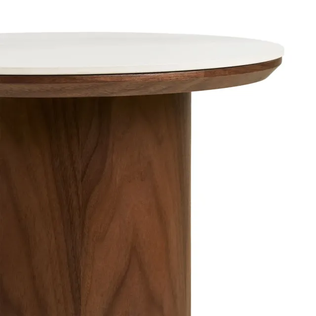 Table d’appoint avec plateau en céramique et placage frêne – Blanc / marron foncé – Ø 40 x 38 cm/ Elsines
