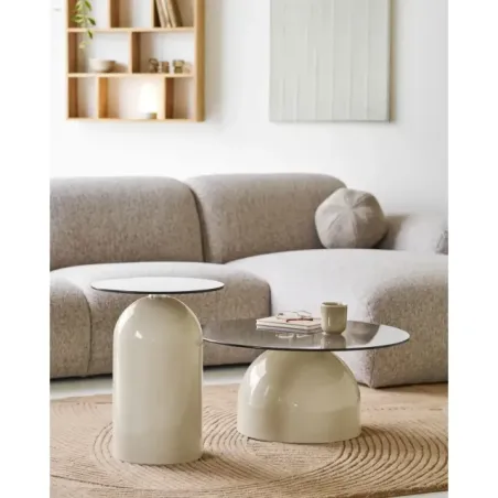 Table d’appoint en verre trempé et métal beige/gris – Ø40 x H52 cm/ Elsines