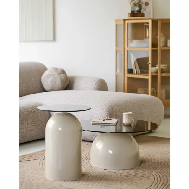 Table d’appoint en verre trempé et métal beige/gris – Ø40 x H52 cm/ Elsines