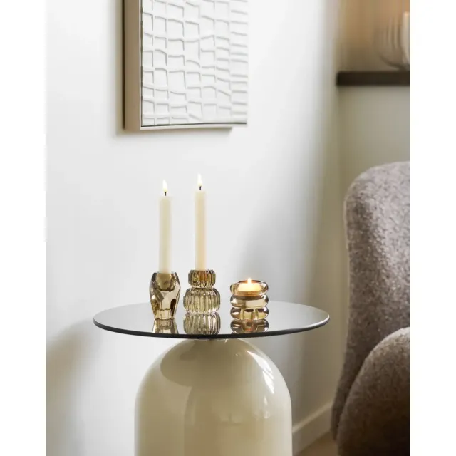 Table d’appoint en verre trempé et métal beige/gris – Ø40 x H52 cm