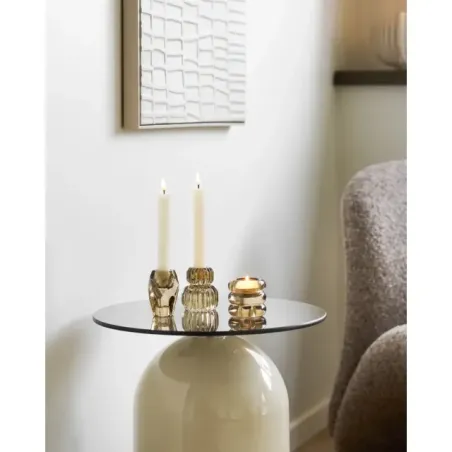 Table d’appoint en verre trempé et métal beige/gris – Ø40 x H52 cm