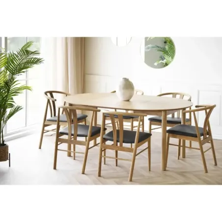 Table à manger ronde extensible en placage chêne naturel avec 2 rallonges –170 / 220 cm/ Elsines