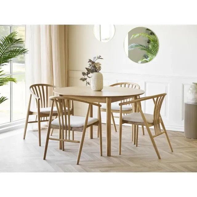 Table à manger ronde extensible en placage chêne naturel avec 2 rallonges –170 / 220 cm/ Elsines