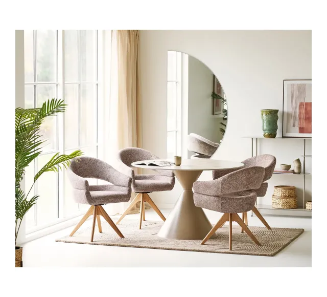 Pack ambiance salle à manger naturelle – Table ronde en céramique Ø120 cm & déco coordonnée/ Elsines