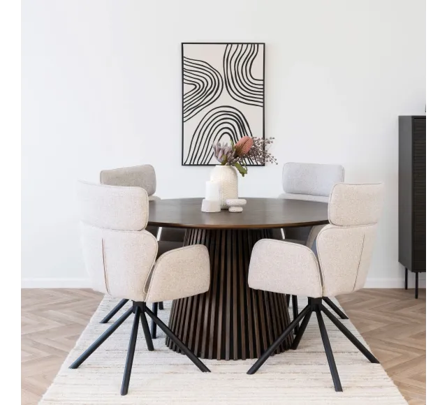 Pack ambiance contemporaine – Table ronde chêne fumé & déco coordonnée/ Elsines