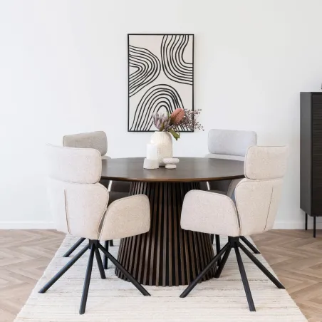 Pack ambiance contemporaine – Table ronde chêne fumé & déco coordonnée/ Elsines