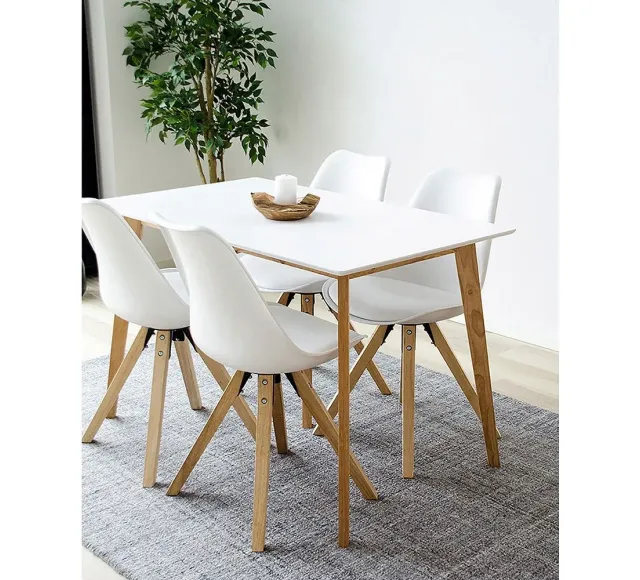 Pack ambiance salle à manger – Table & chaise blanche avec déco en teck/ Elsines