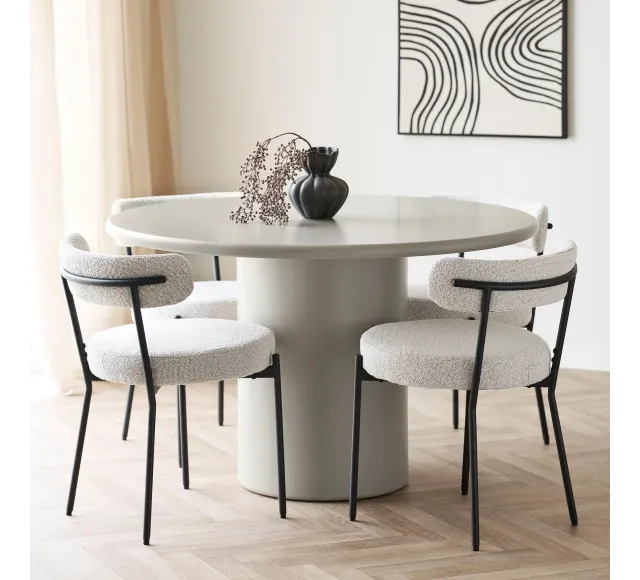 Pack salle à manger contemporain – Table sable, chaises bouclé & tableau décoratif/ Elsines