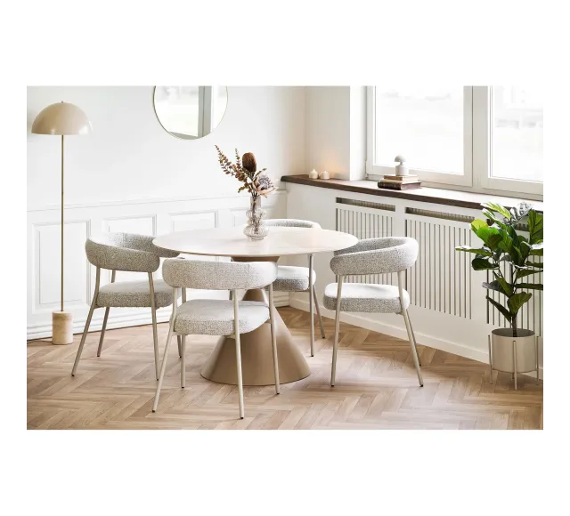 Pack ambiance contemporaine – Table travertin sable, chaises tissu & accessoires déco/ Elsines
