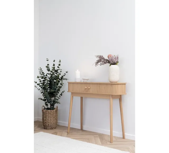 Ambiance complète – Console 2 portes, lot de 2 porte-bougies et vase en grès/ Elsines