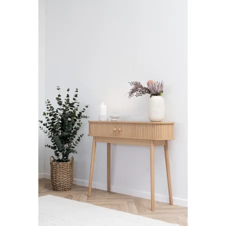 Ambiance complète – Console 2 portes, lot de 2 porte-bougies et vase en grès/ Elsines