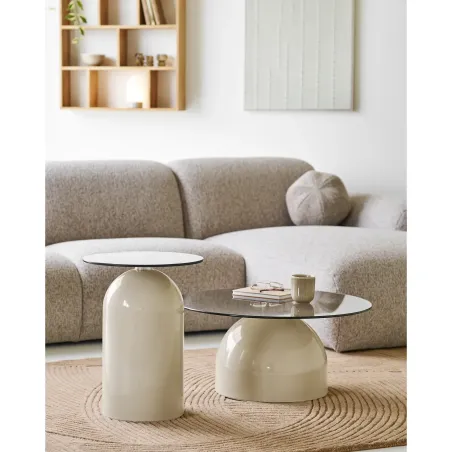 Table Basse Ronde Ø70 cm Verre Trempé & Métal Beige/Gris | Elsines
