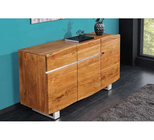 Buffet contemporain de couleur naturelle en bois massif à 3 portes et 2 tiroirs