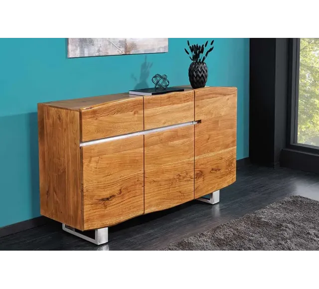 Buffet contemporain de couleur naturelle en bois massif à 3 portes et 2 tiroirs