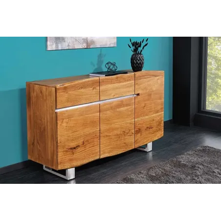 Buffet contemporain de couleur naturelle en bois massif à 3 portes et 2 tiroirs