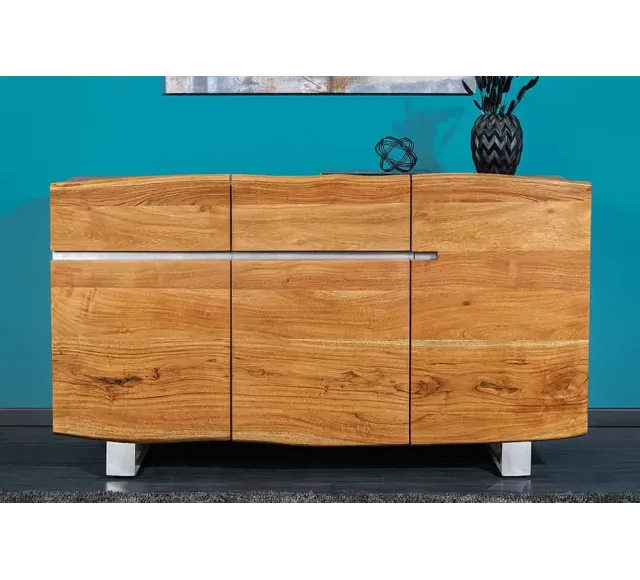 Buffet contemporain de couleur naturelle en bois massif à 3 portes et 2 tiroirs