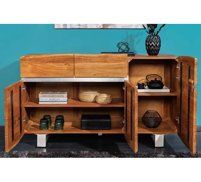 Bahut contemporain de couleur naturelle en bois massif à 3 portes et 2 tiroirs | Elsines