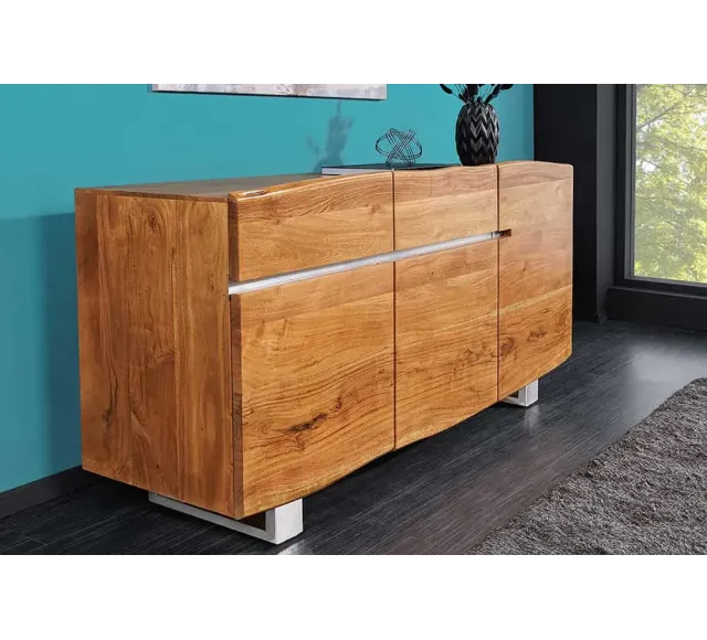 Buffet contemporain de couleur naturelle en bois massif à 3 portes et 2 tiroirs