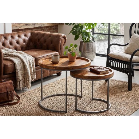 Ensemble de tables basse de style industriel en Bois de manguier massif