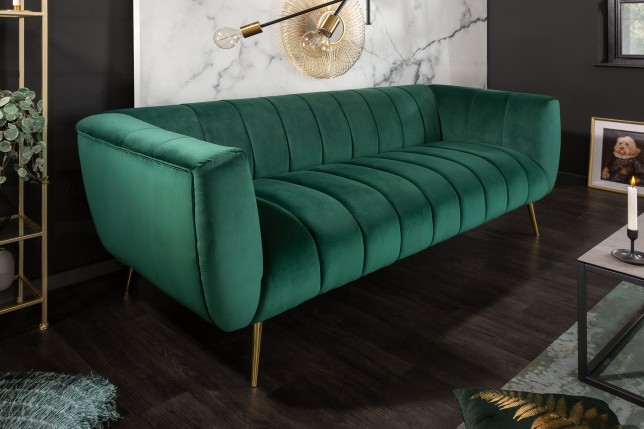 Canapé NOBLESSE 225cm Velours Vert Émeraude Pieds Dorés