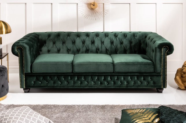 Canapé Chesterfield 3 places velours vert émeraude