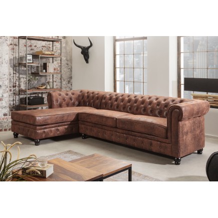 Canapé d'angle CHESTERFIELD avec ottoman gauche 270cm microfibre marron antique