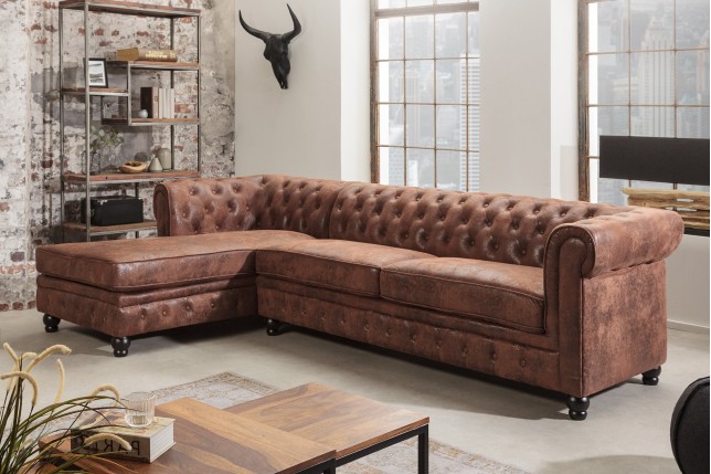 Canapé d'angle CHESTERFIELD avec ottoman gauche 270cm microfibre marron antique