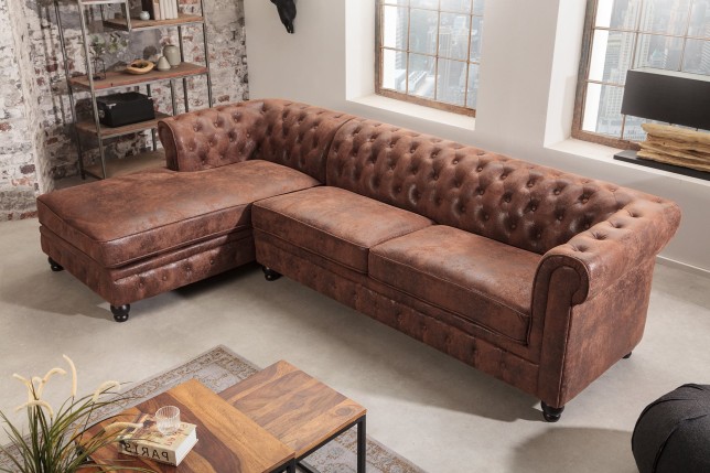 Canapé d'angle Chesterfield ottoman gauche microfibre marron