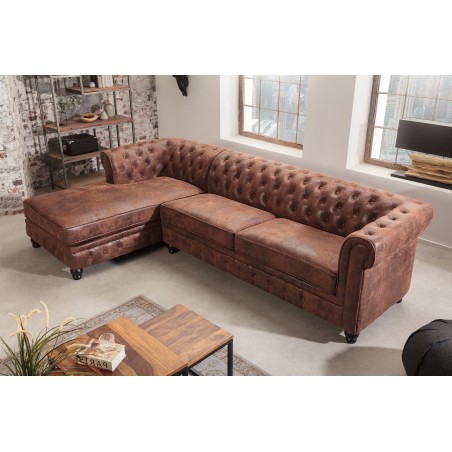 Canapé d'angle Chesterfield ottoman gauche microfibre marron