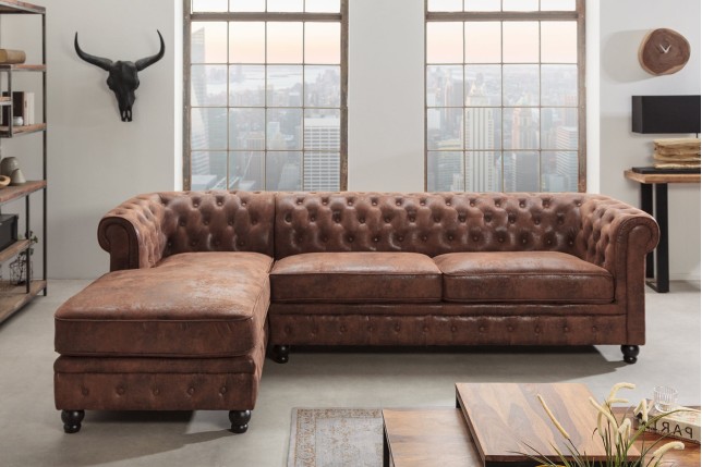 Canapé d'angle Chesterfield ottoman gauche microfibre marron