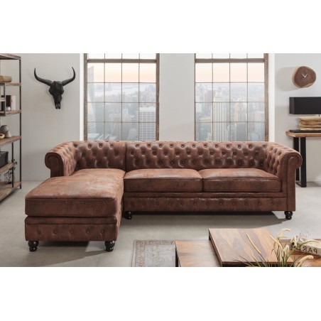 Canapé d'angle Chesterfield ottoman gauche microfibre marron