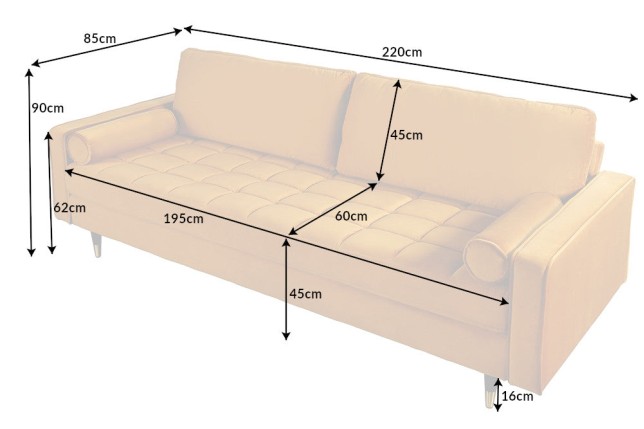 Canapé COZY VELVET 220cm 3 places velours jaune moutarde
