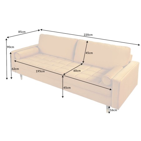 Canapé COZY VELVET 220cm 3 places velours jaune moutarde
