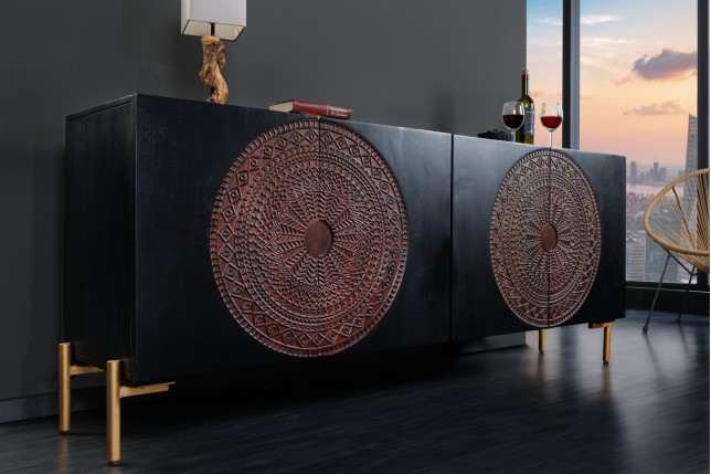 Buffet bas MANDALA 160cm manguier massif et métal noir