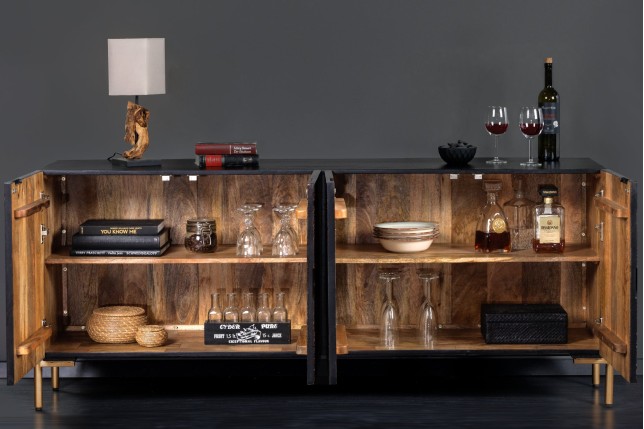 Buffet bas MANDALA 160cm manguier massif et métal noir