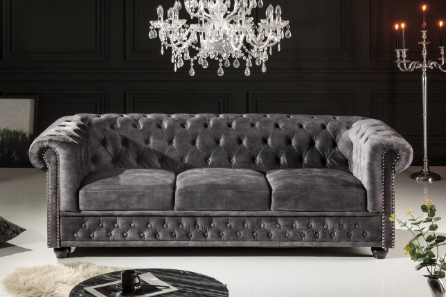 Canapé Chesterfield 205cm 3 places velours gris