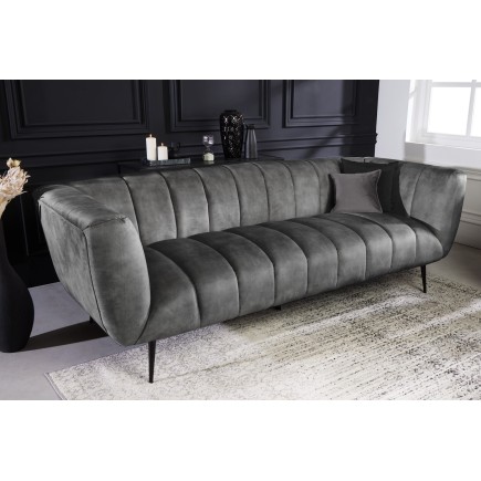 Canapé NOBLESSE 225cm Velours Gris 3 Places Pieds Noirs