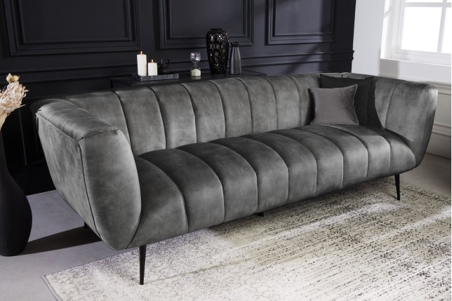 Canapé NOBLESSE 225cm Velours Gris 3 Places Pieds Noirs