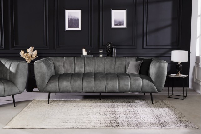 Canapé NOBLESSE 225cm Velours Gris 3 Places Pieds Noirs