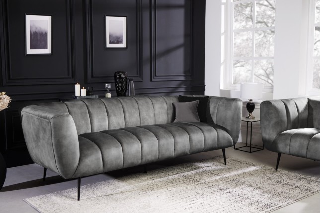 Canapé NOBLESSE 225cm Velours Gris 3 Places Pieds Noirs