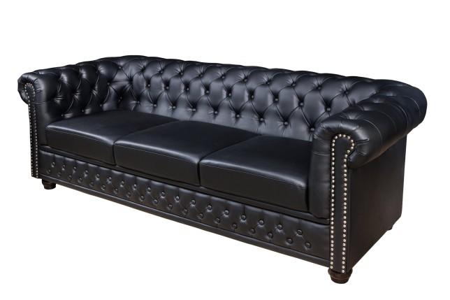 Canapé Chesterfield 3 places simili cuir noir 205cm