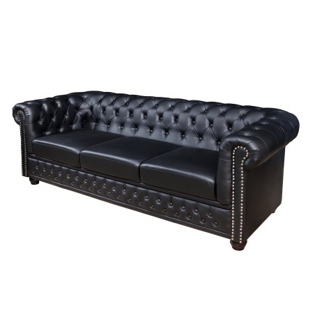 Canapé Chesterfield 3 places simili cuir noir 205cm