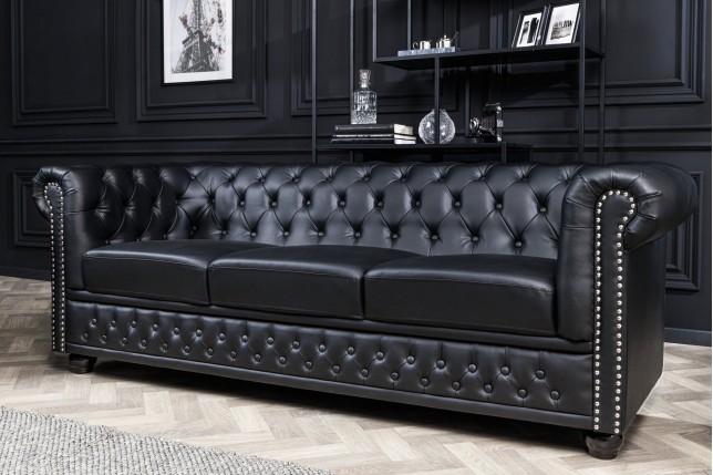 Canapé Chesterfield 3 places simili cuir noir 205cm