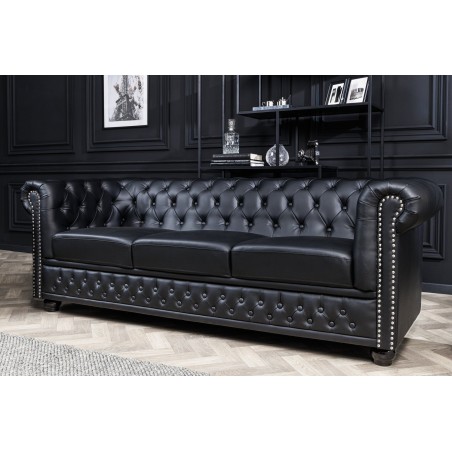 Canapé Chesterfield 3 places simili cuir noir 205cm