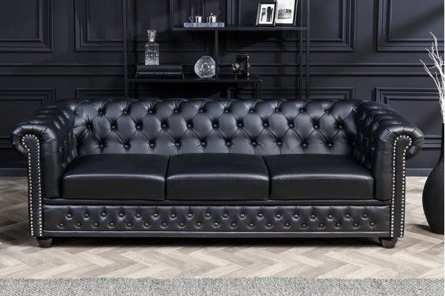 Canapé Chesterfield 3 places simili cuir noir 205cm