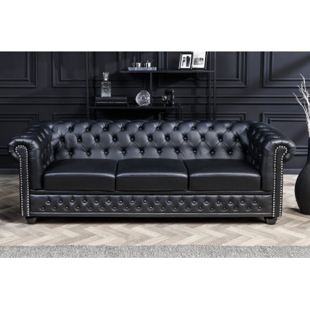 Canapé Chesterfield 3 places simili cuir noir 205cm
