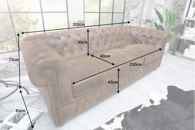 Canapé Chesterfield 3 places simili cuir noir 205cm