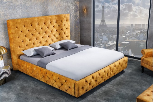 Lit Chesterfield PARIS 160x200cm velours jaune moutarde