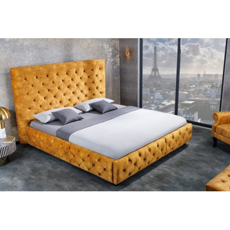 Lit Chesterfield PARIS 160x200cm velours jaune moutarde